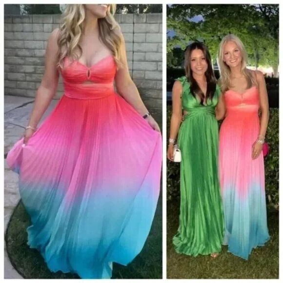 AMUR Maxi Gown Dress Pink Blue Emmett Pleated Ombre Gradient Sleeveless size 6 - Picture 2 of 11